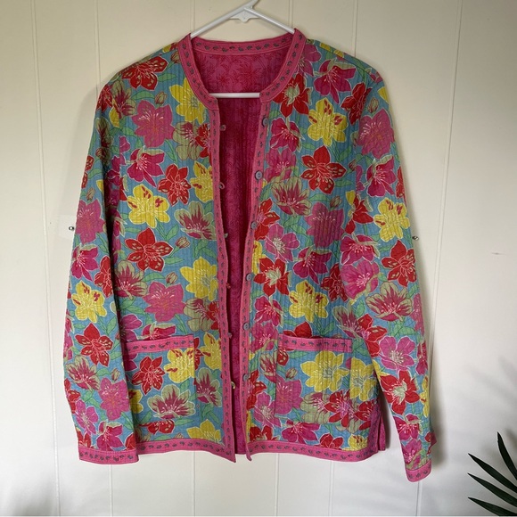 none Jackets & Blazers - Colorful Floral Quilted Jacket with Pink Accents